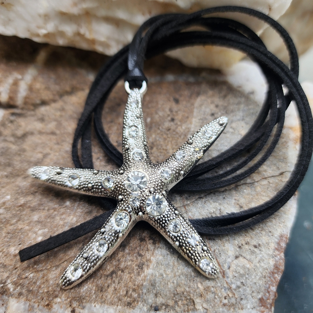 ❤️ Sea Star Silver Pendant Tropical Boho Sexy Black cord Necklace